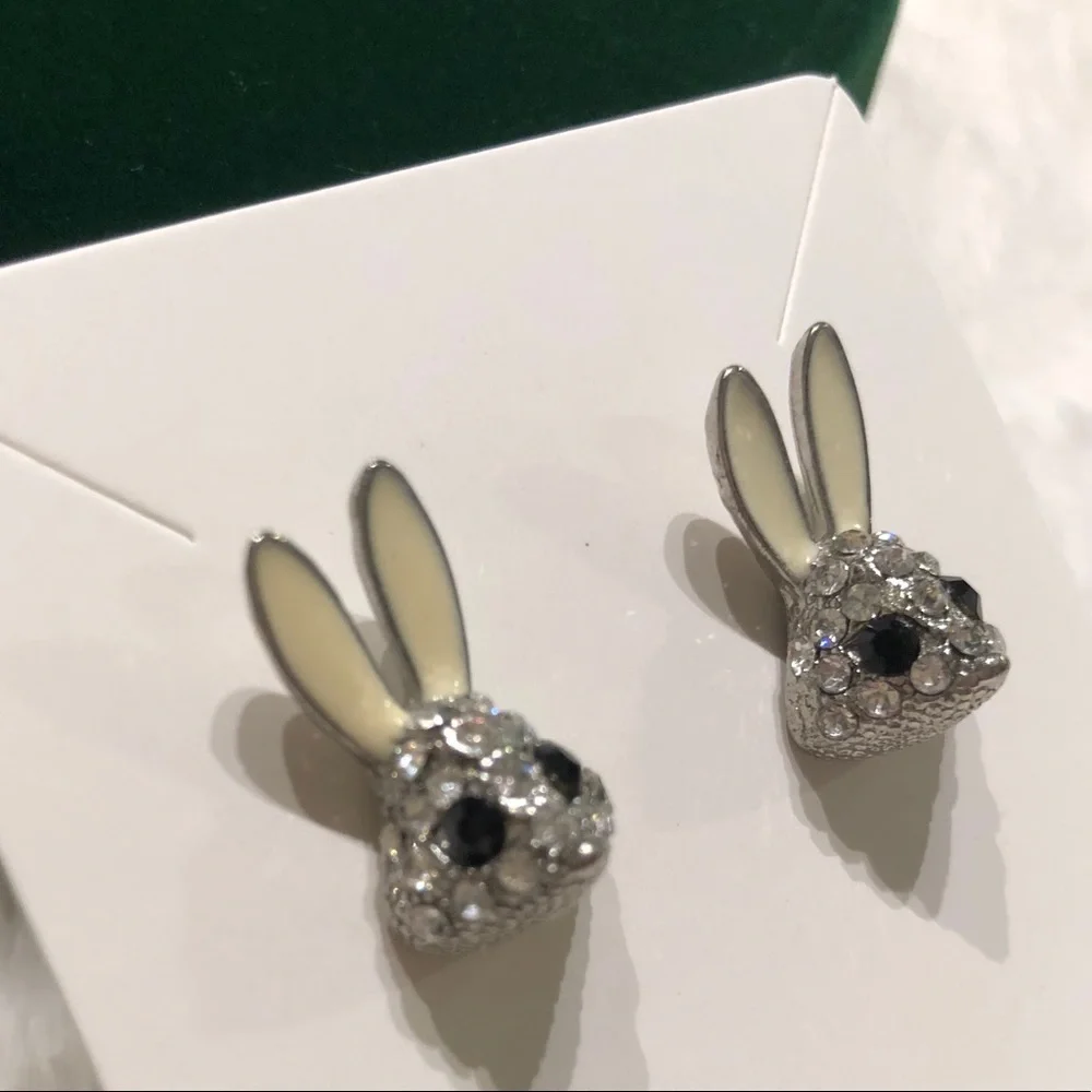 Silver Bunny Rabbit Rhinestone Stud Earrings - Picture 2 of 3